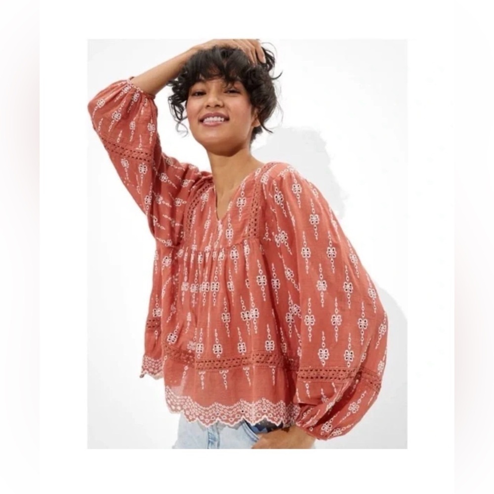 American Eagle Outfitters Rust Floral Embroidered Peasant Blouse